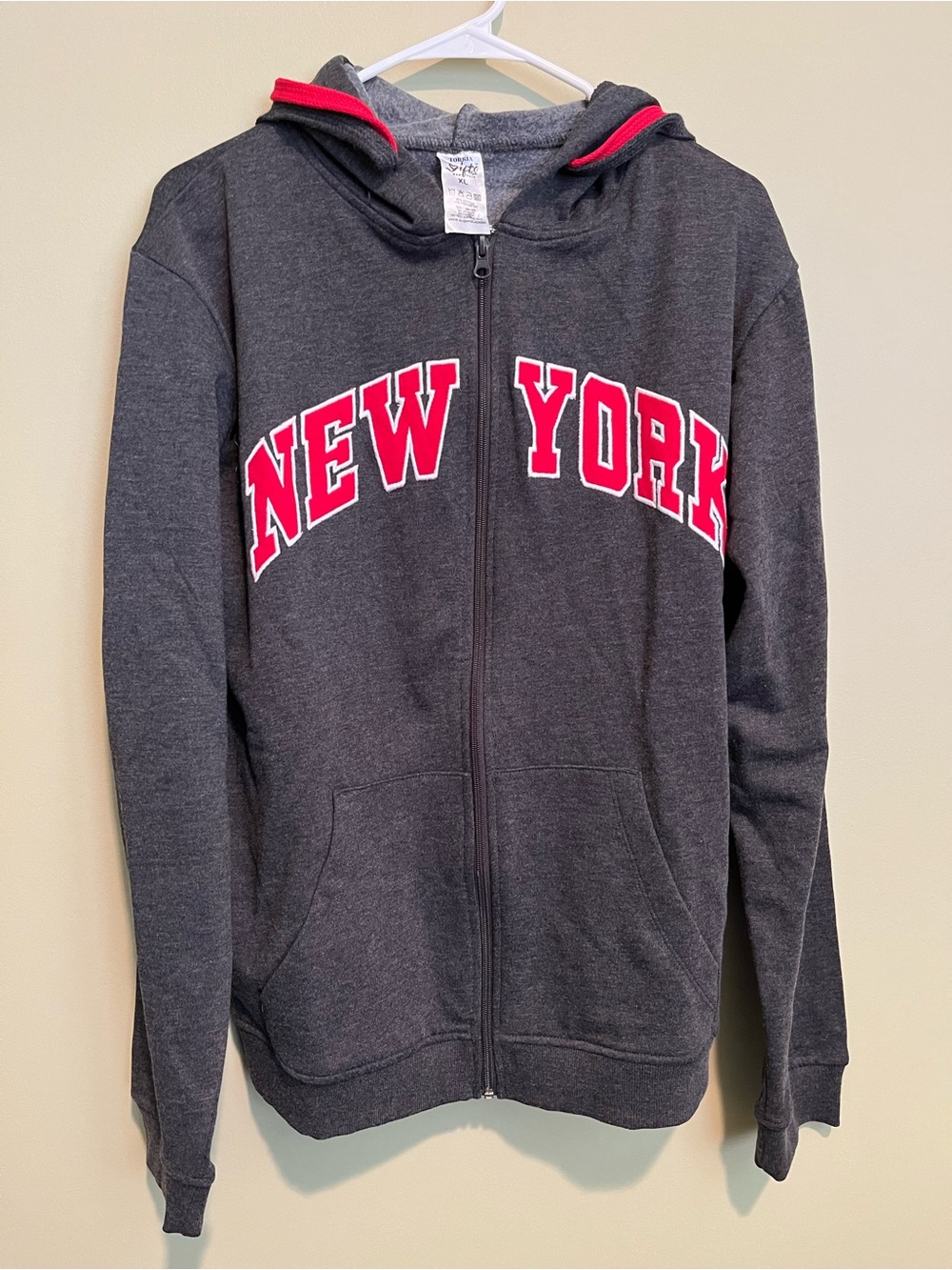 New York Hooded Zip Sweatshirt - Charcoal with Red Accent